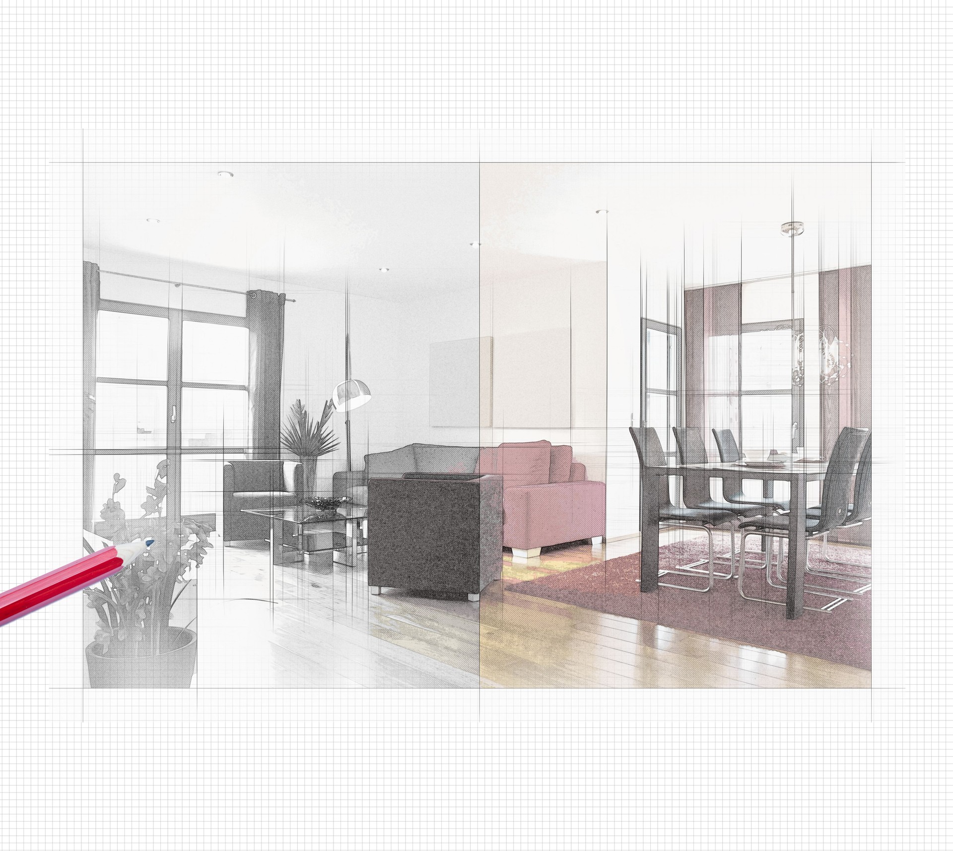 Interior design of a combined living and dining room in drawing style